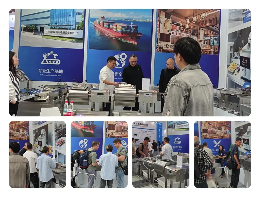 Commercial kitchen equipment buyers discussing fryer solutions with Shangbang team