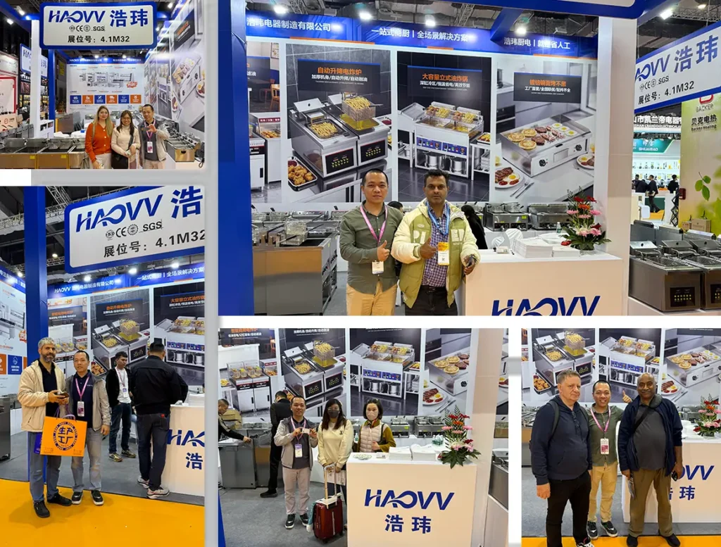 Commercial fryer distributors discussing OEM cooperation at HOTELEX Shanghai